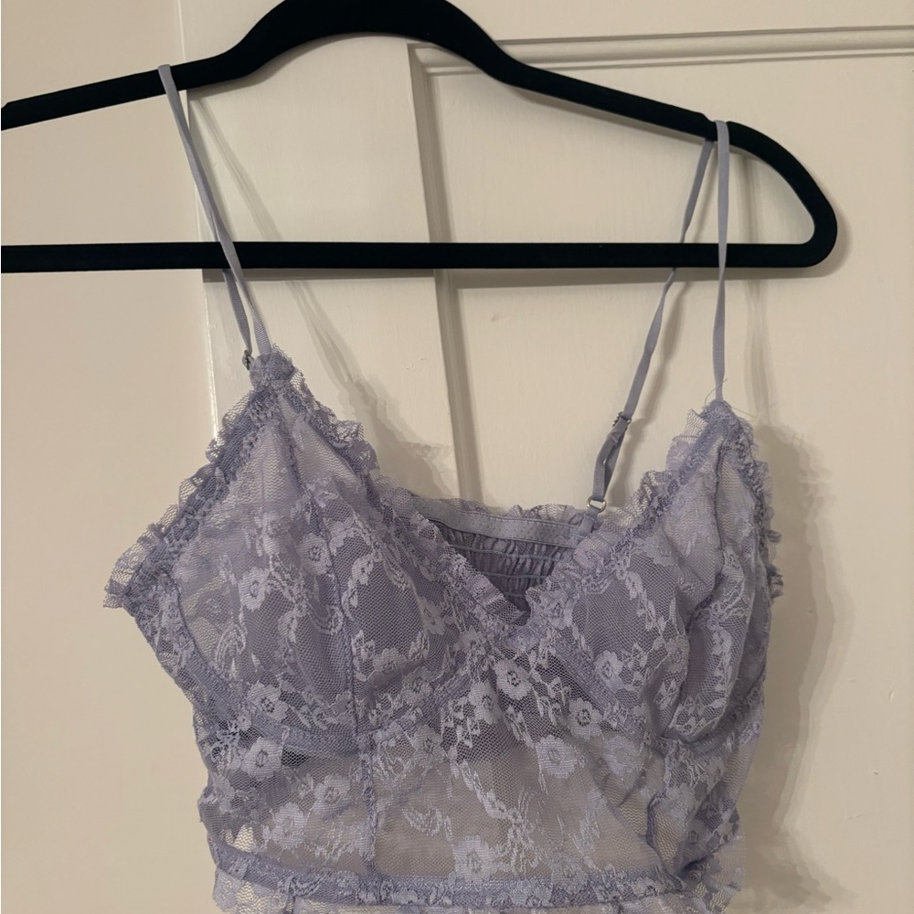 Free People Purple Lace Bralette with Spaghetti Straps and Scalloped Trim